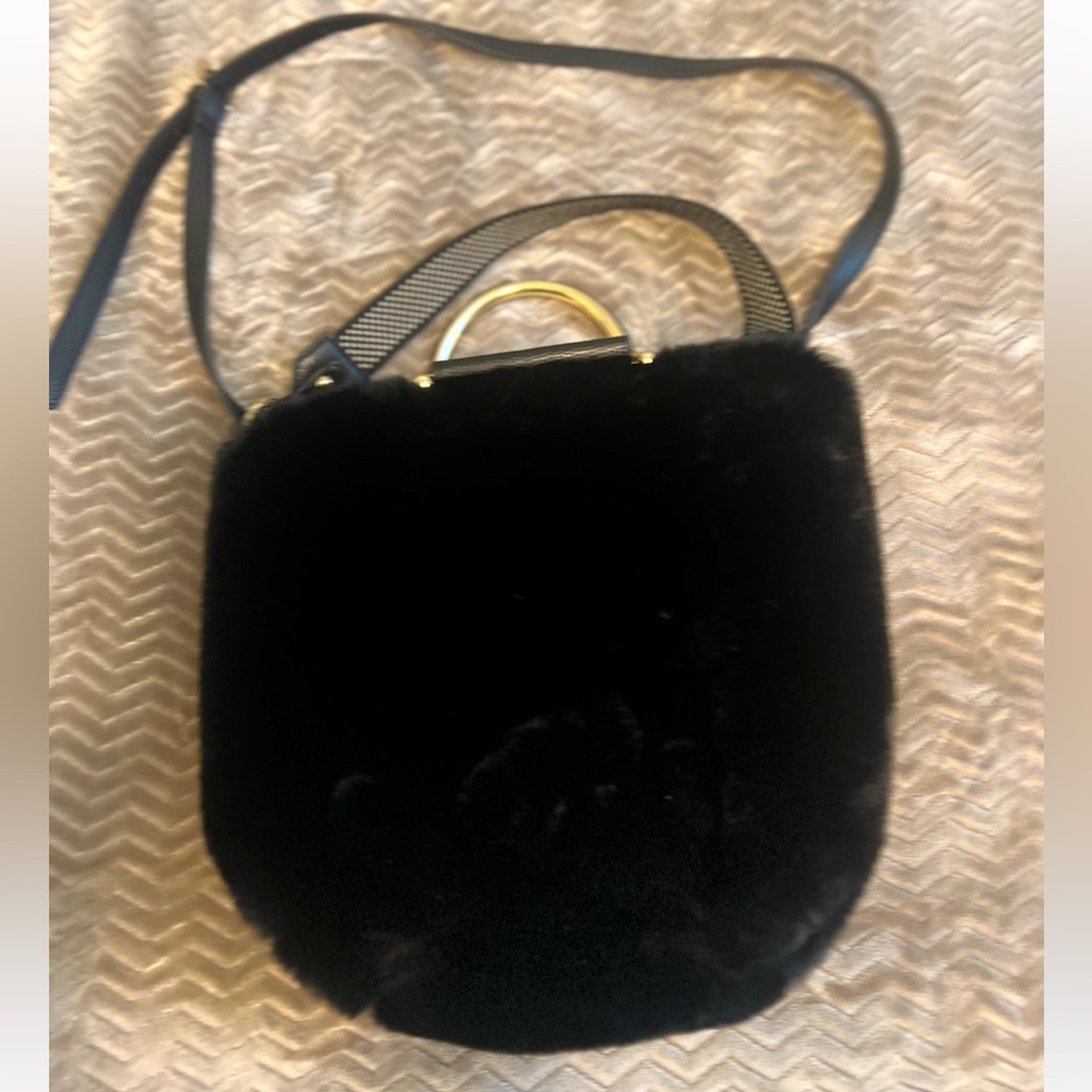 Unbillion Women's Vegan  Shearling Bucket Crossbody Bag in Black With Gold